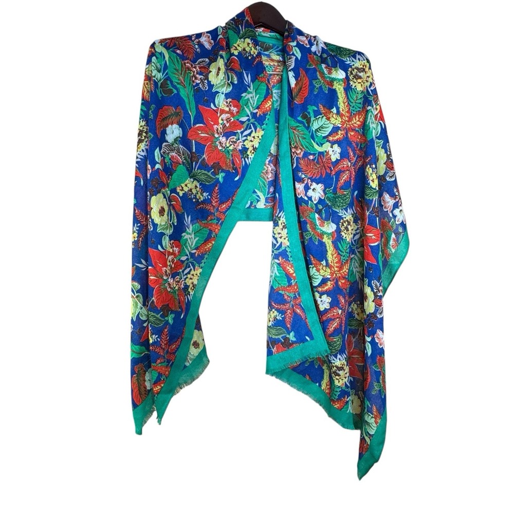 Talbots Tropical Green Floral Fringe‎ Shawl Wrap Scarf 26"x70" Preppy